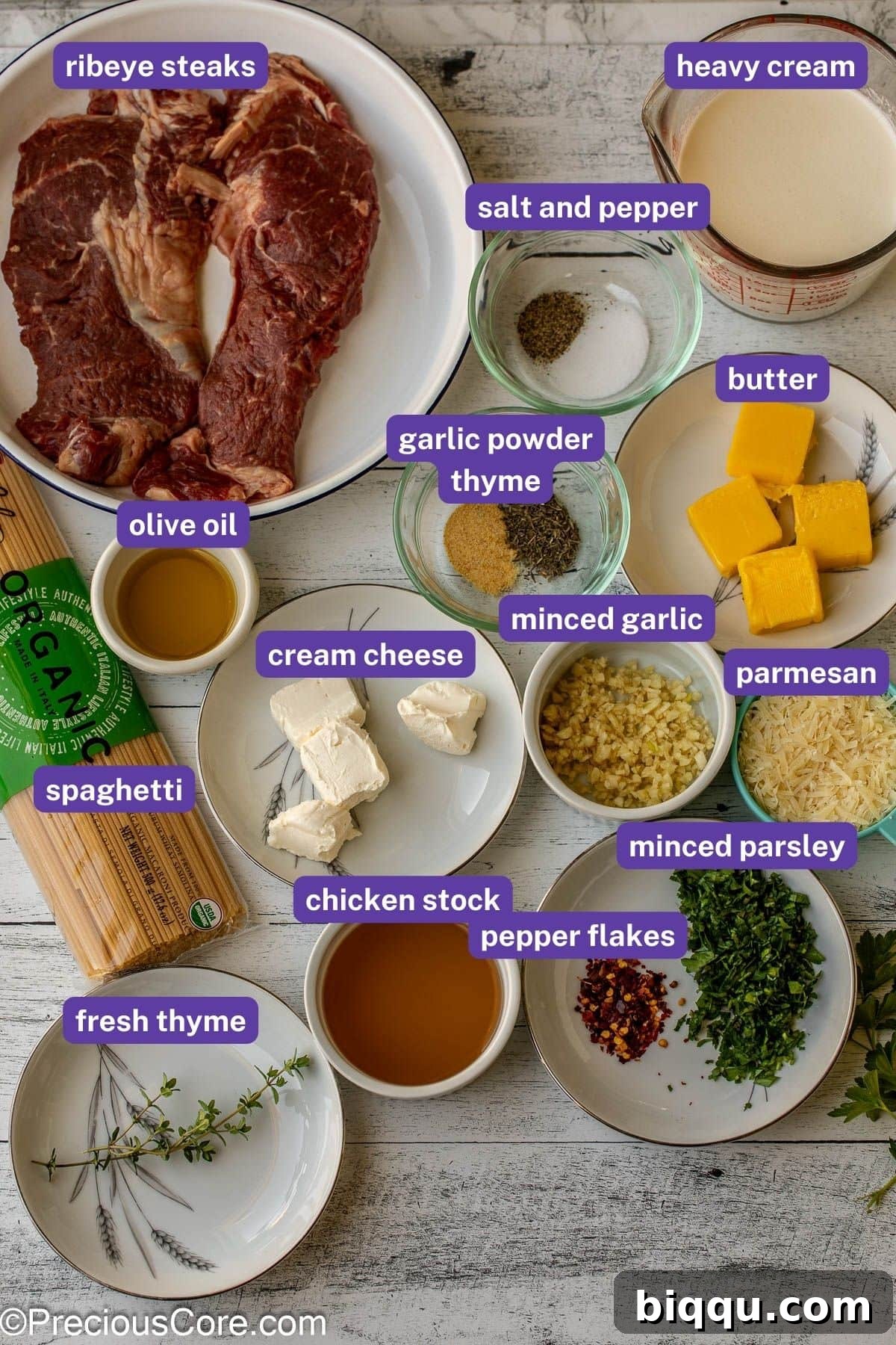 Measured ingredients for Steak and Pasta recipe laid out on a kitchen counter.
