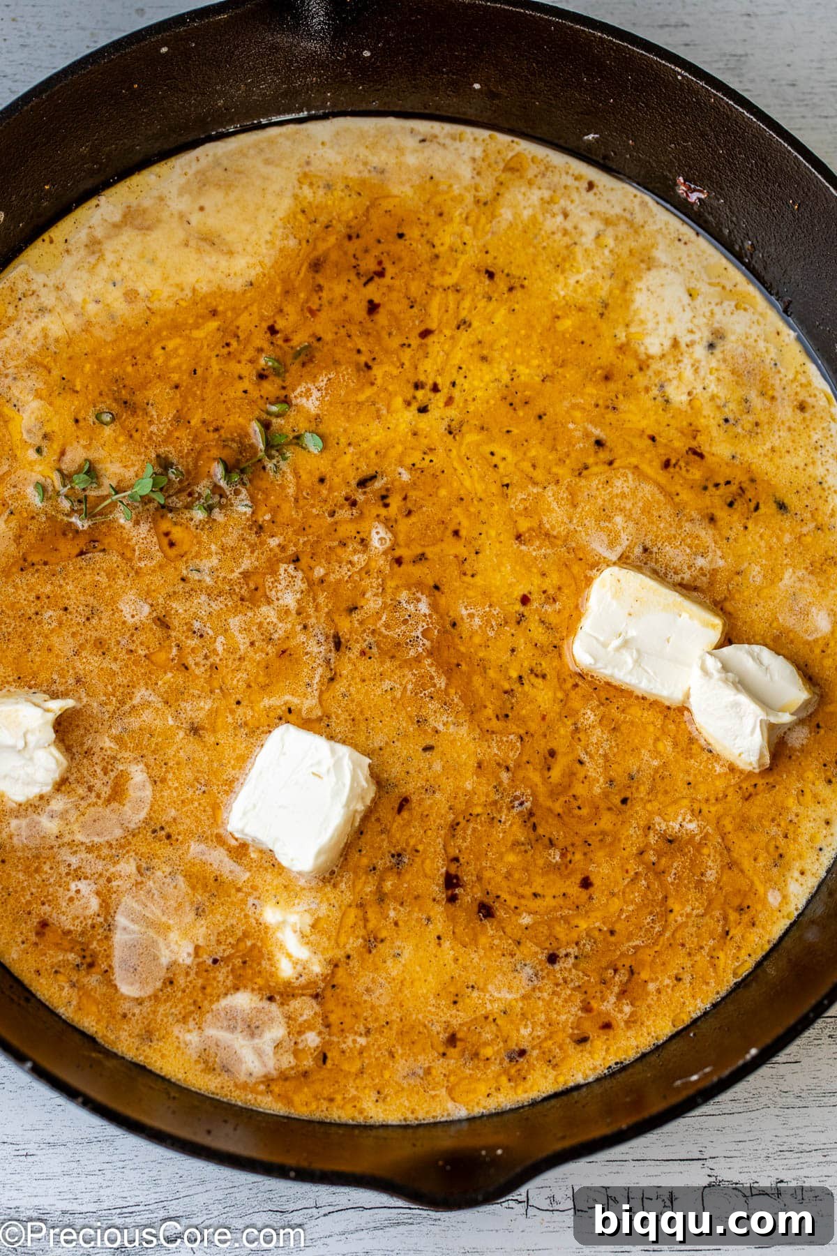 Adding heavy cream and cream cheese to make the sauce for Steak and Pasta.