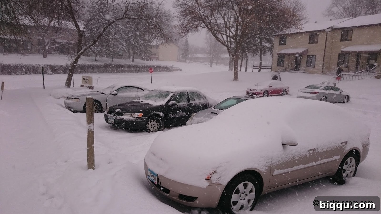 Snow partially cleared from a driveway and sidewalk in a residential area, showing the beginning of cleanup.