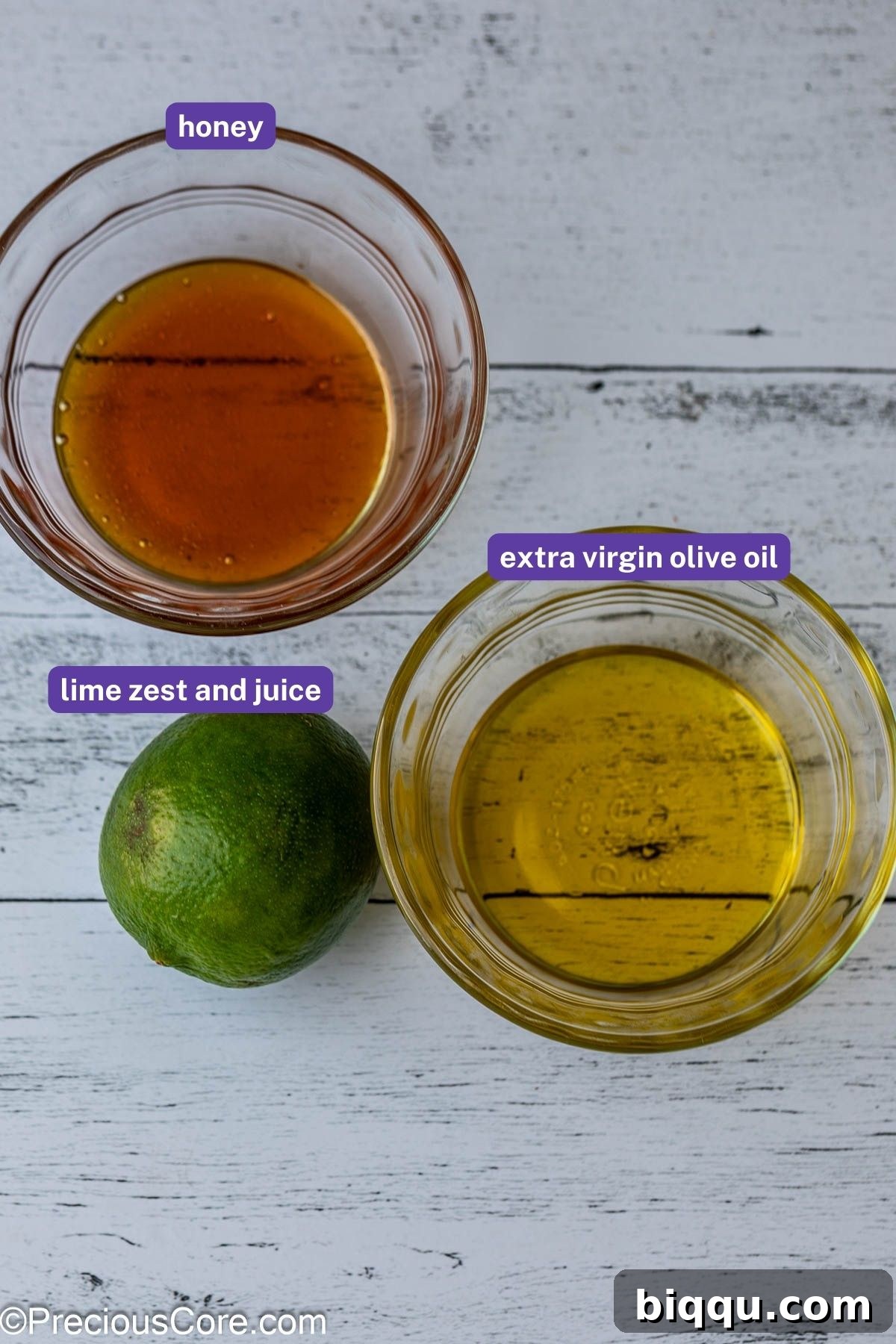 Key ingredients for the Honey-Lime Dressing: golden honey, extra virgin olive oil, and fresh limes.