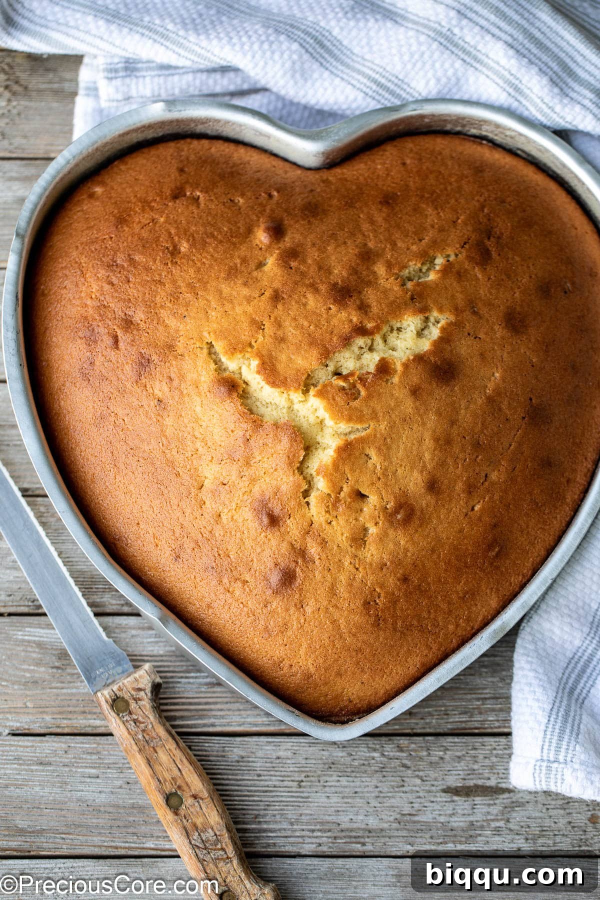 Heart-shaped plain cake with a serving knife on the side, ready to be enjoyed.