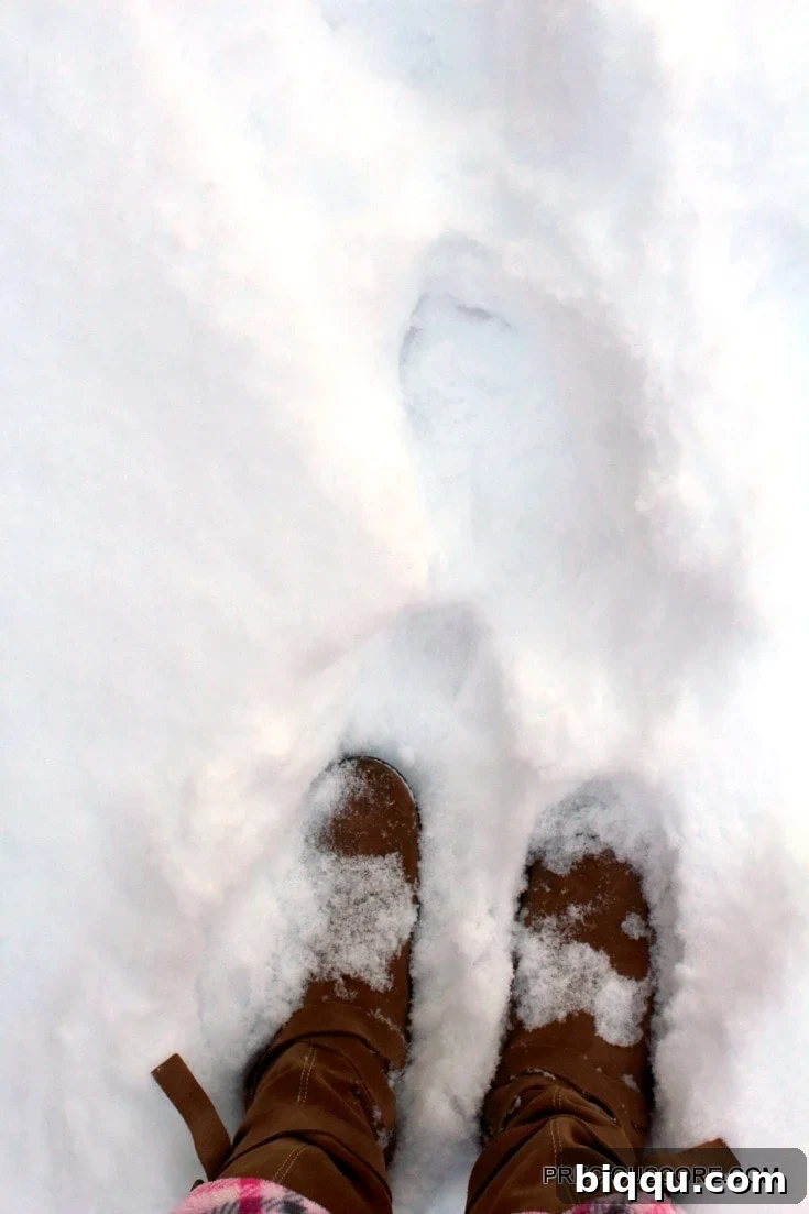 A person walking through a snow-covered backyard, leaving footprints in the fresh snow, surrounded by dormant winter trees and a tranquil atmosphere