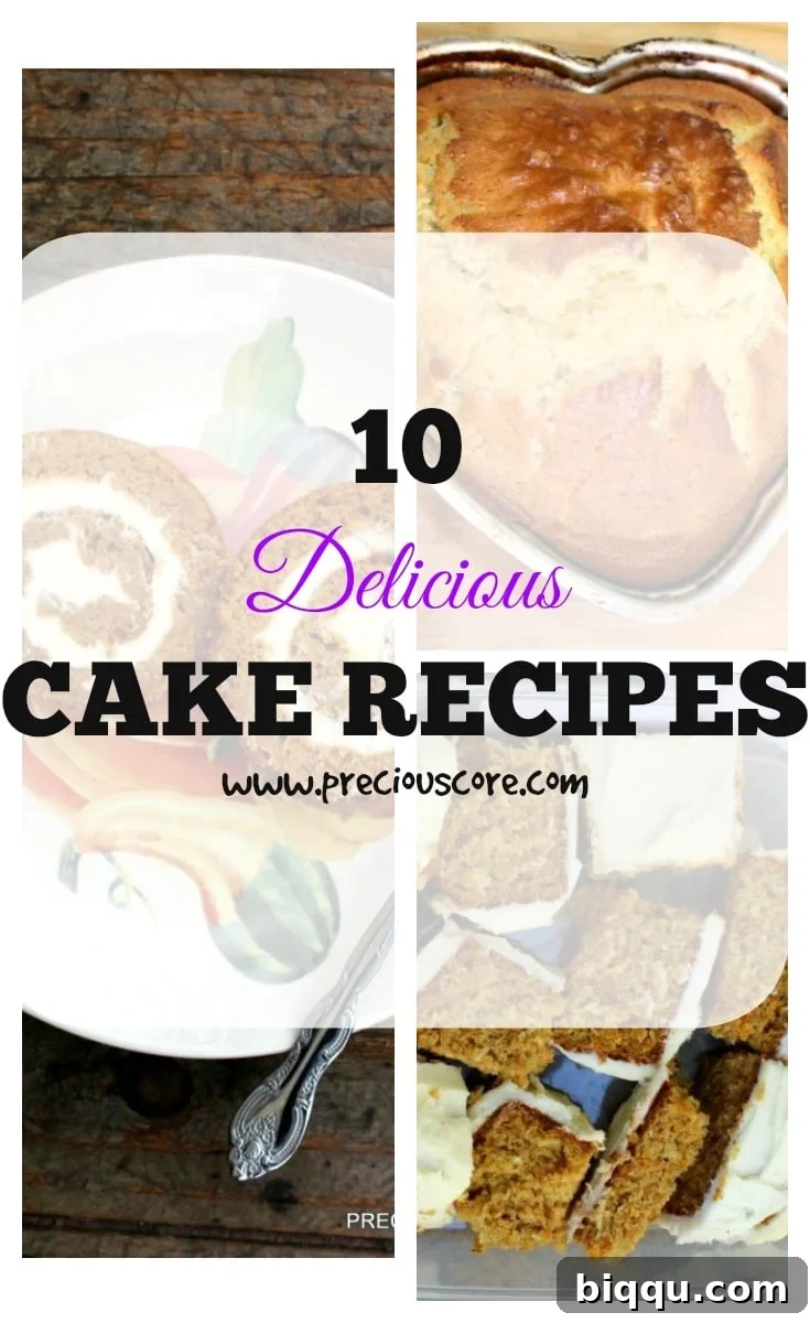 Collage with text "10 Delicious Cake Recipes."