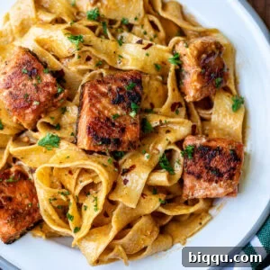 Plated Cajun Pasta With Salmon.