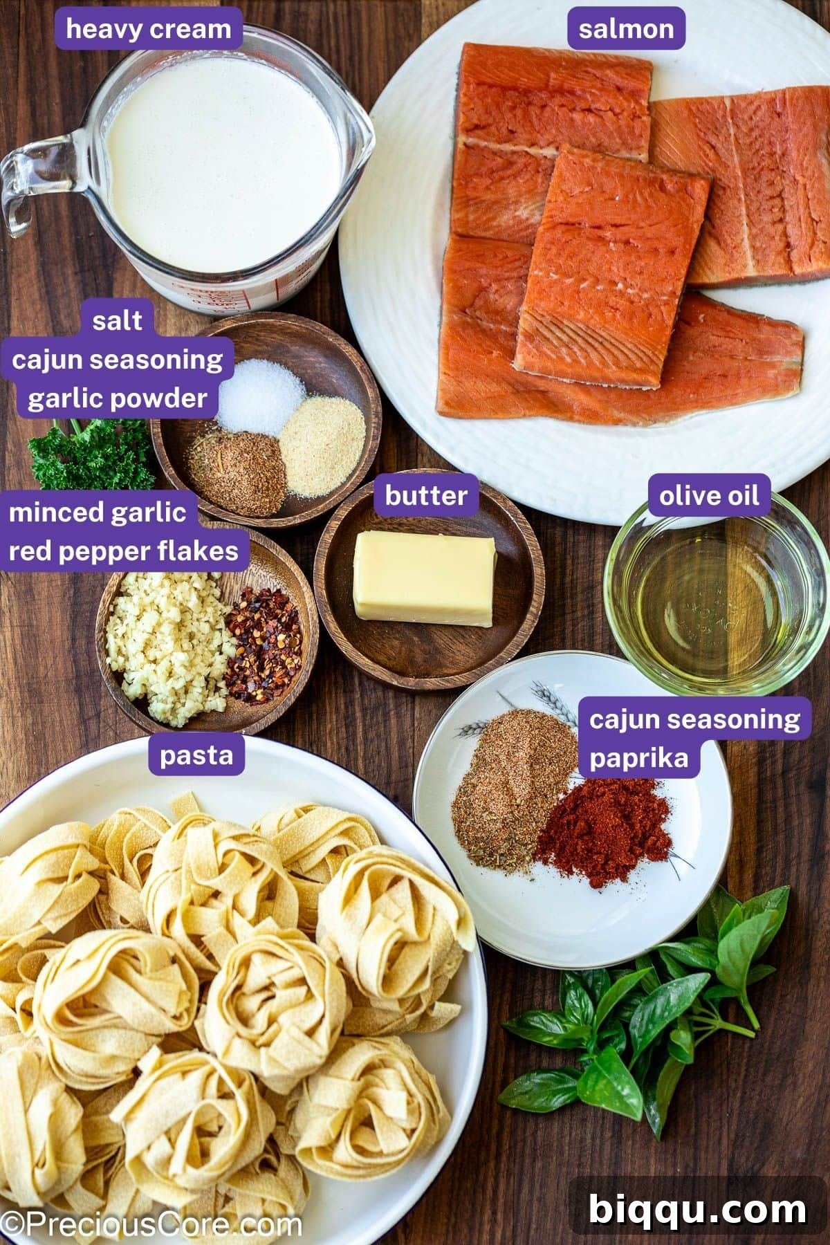 All ingredients laid out for making Cajun Pasta With Salmon.