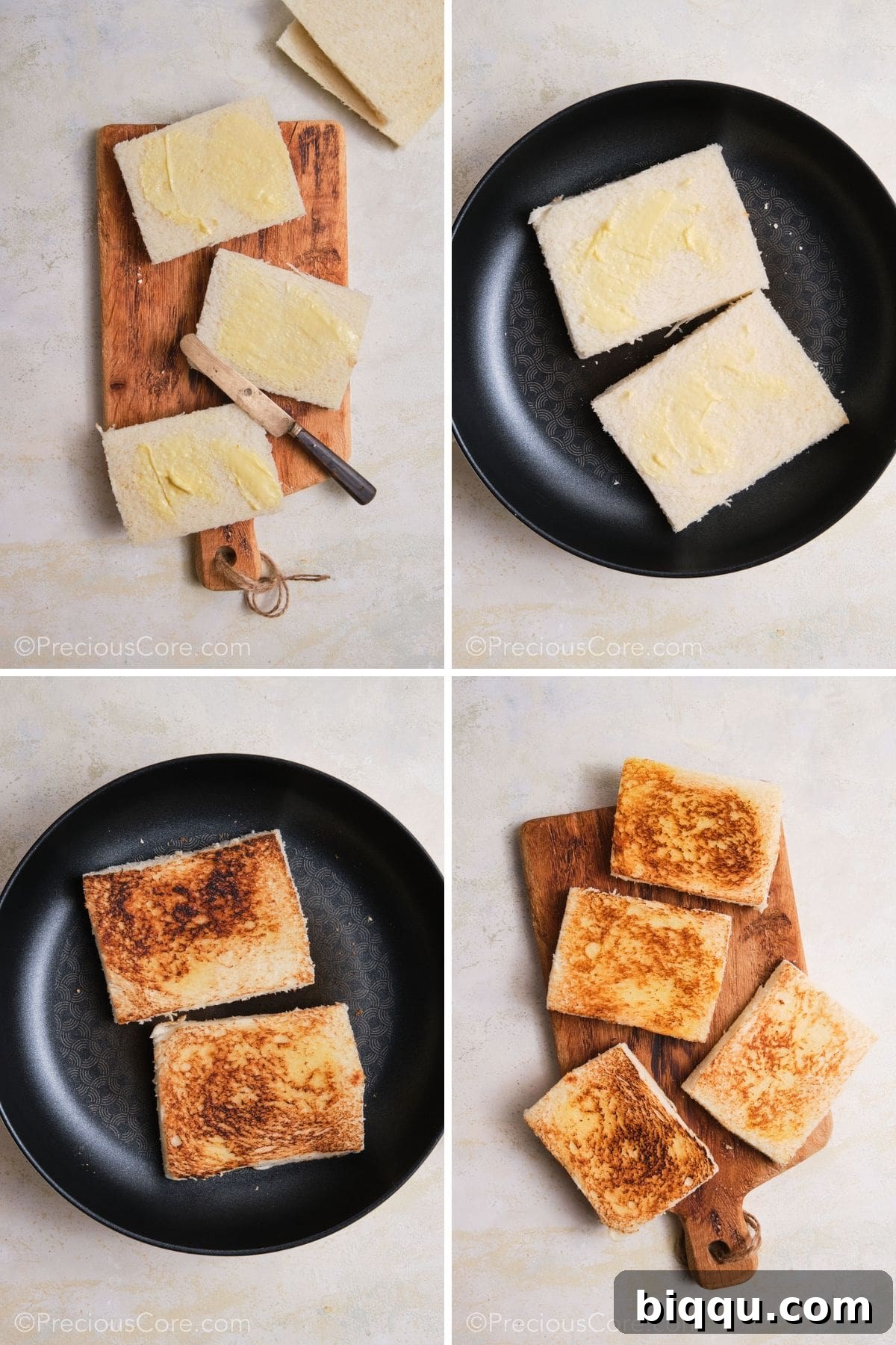Buttering and toasting white bread for sandwiches.