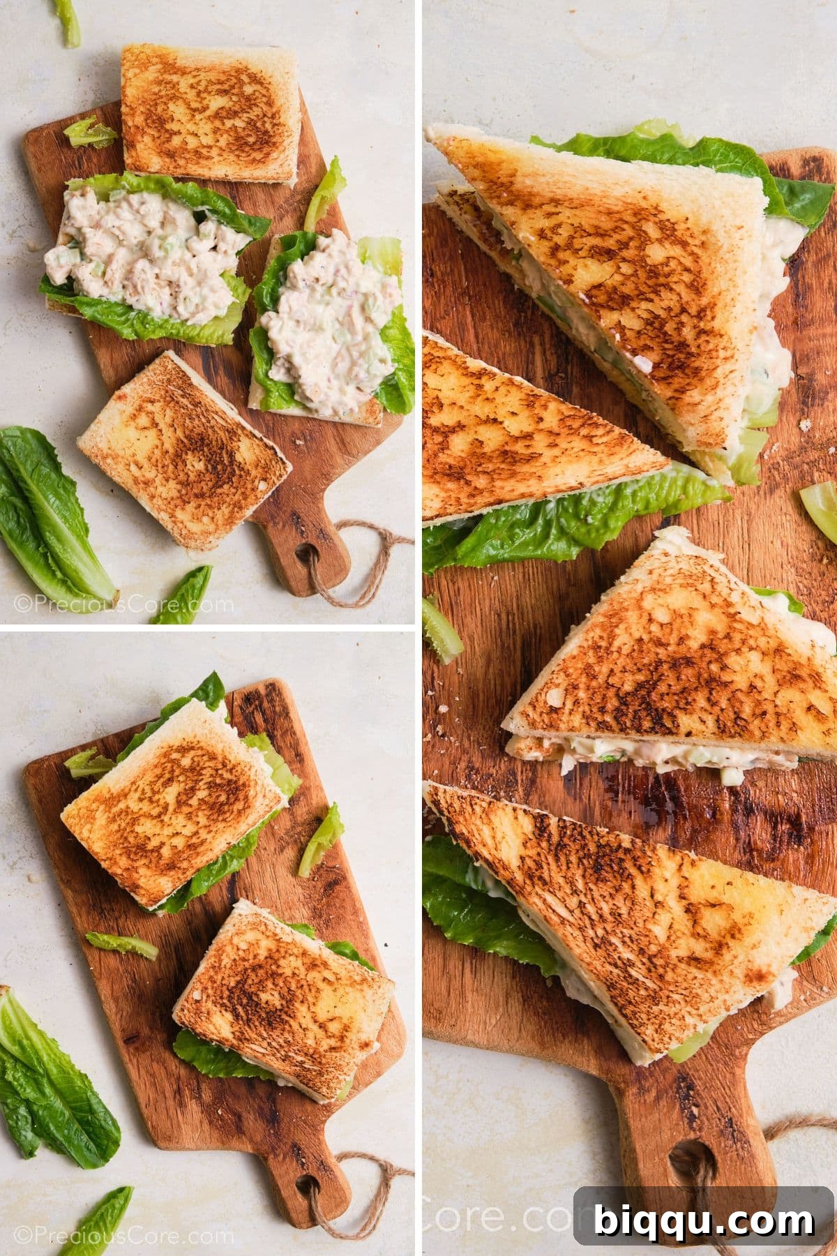 Assembling chicken mayonnaise sandwiches with lettuce.