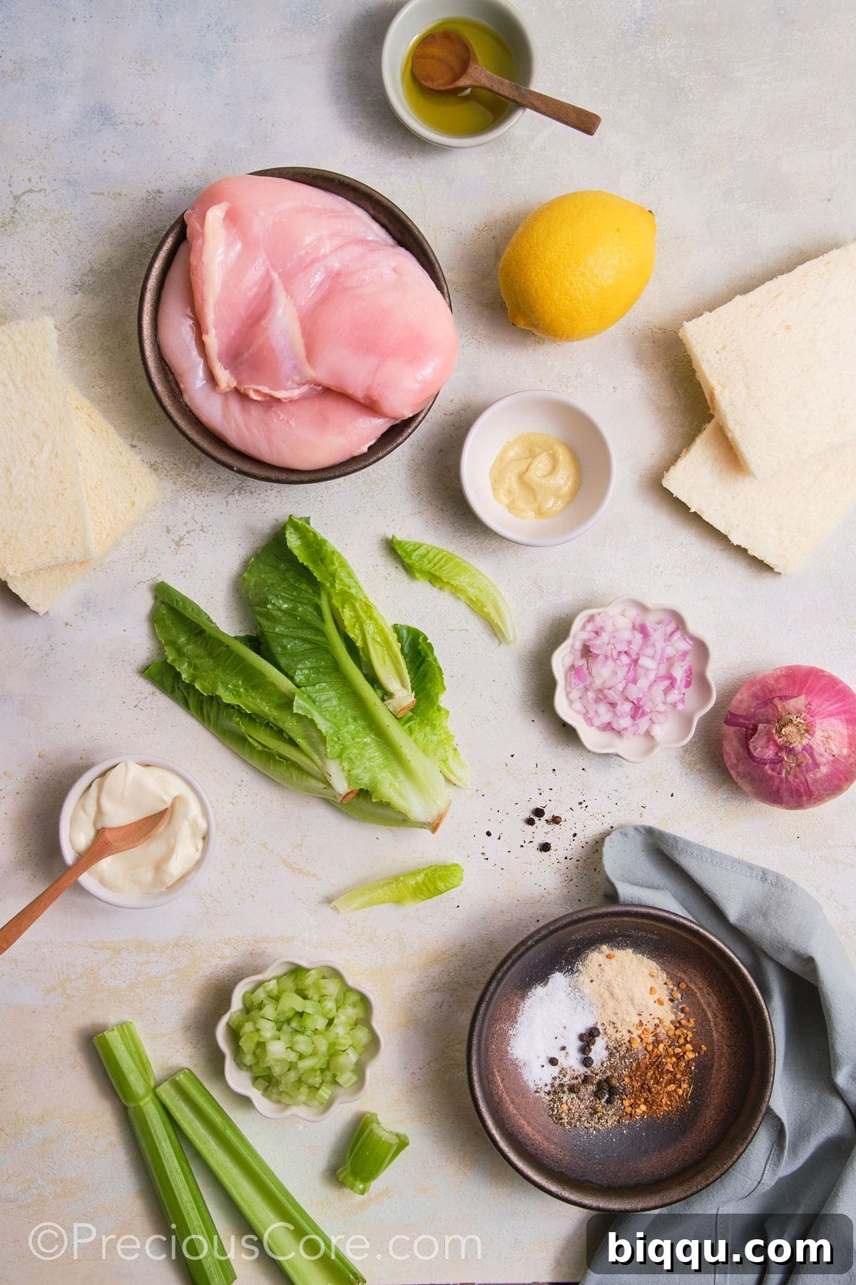 Ingredients for chicken sandwich with mayo.