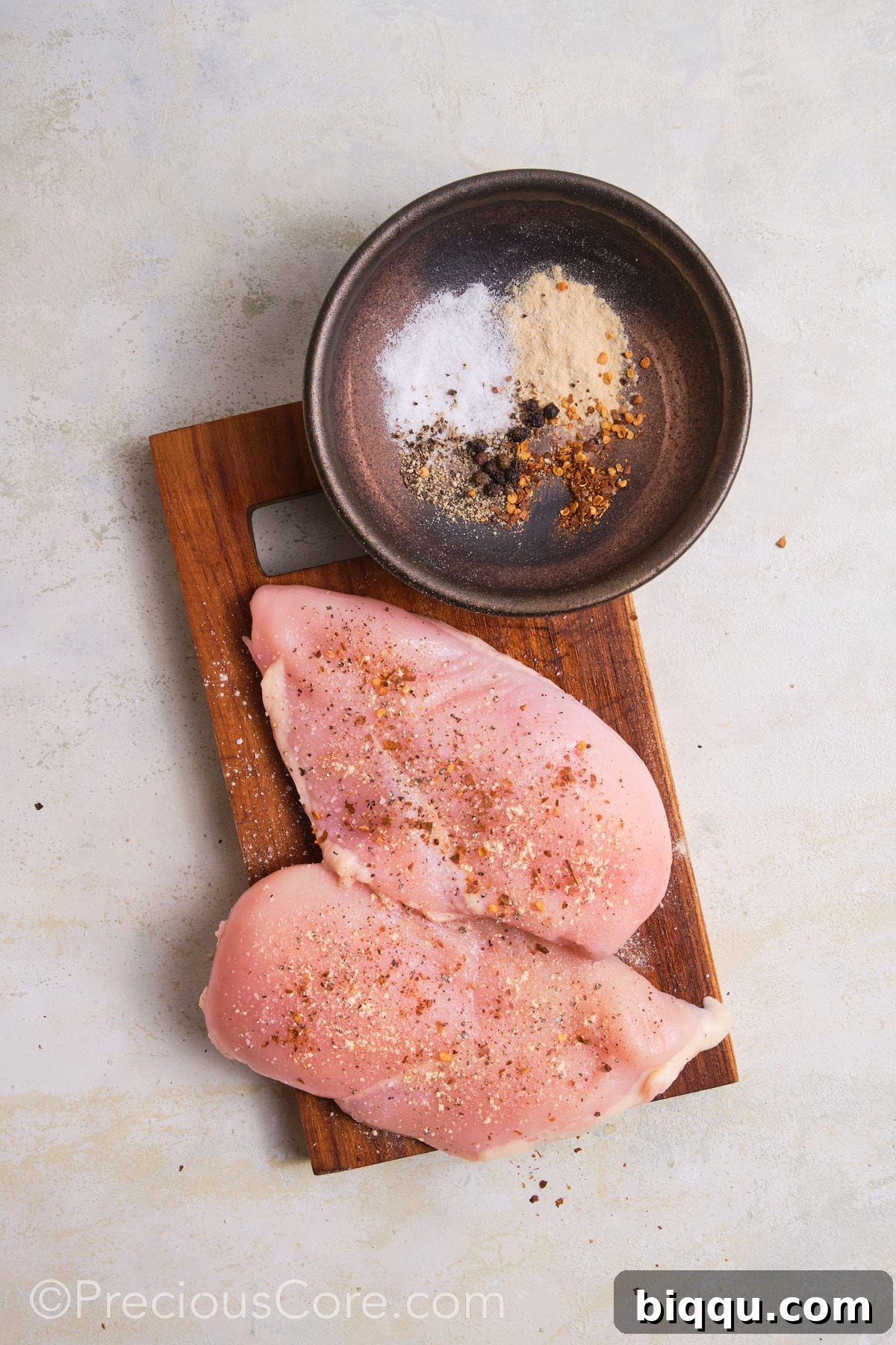 Seasoning chicken breasts on a chopping board.