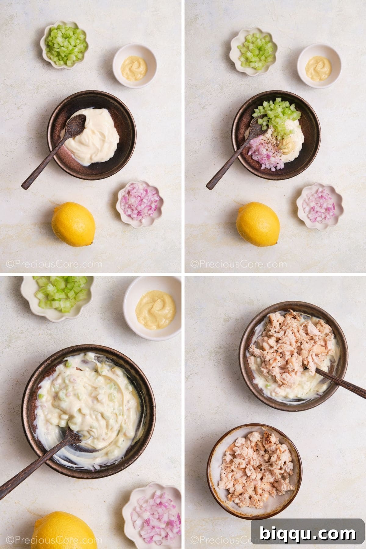 Making a creamy chicken mayo filling.