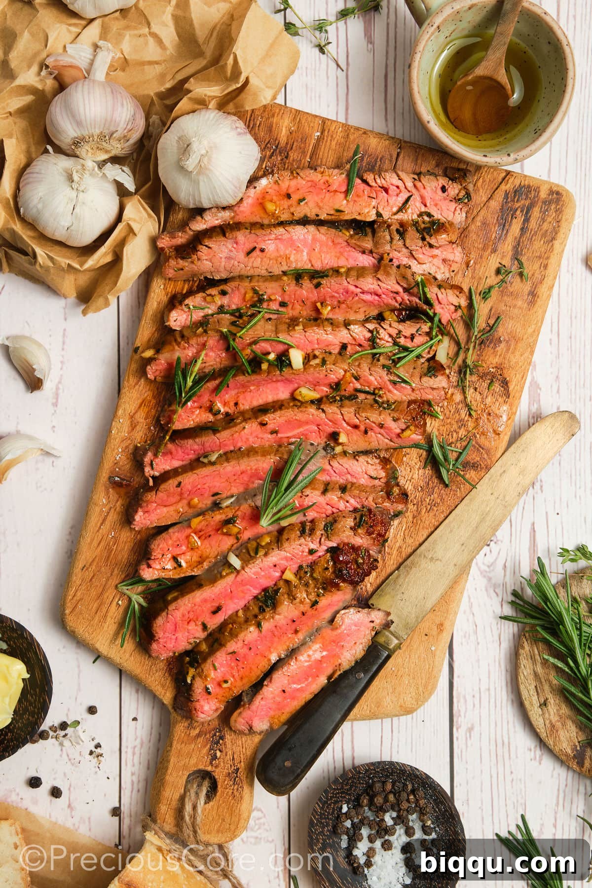 Sliced meat that is pink in the middle, perfectly cooked.