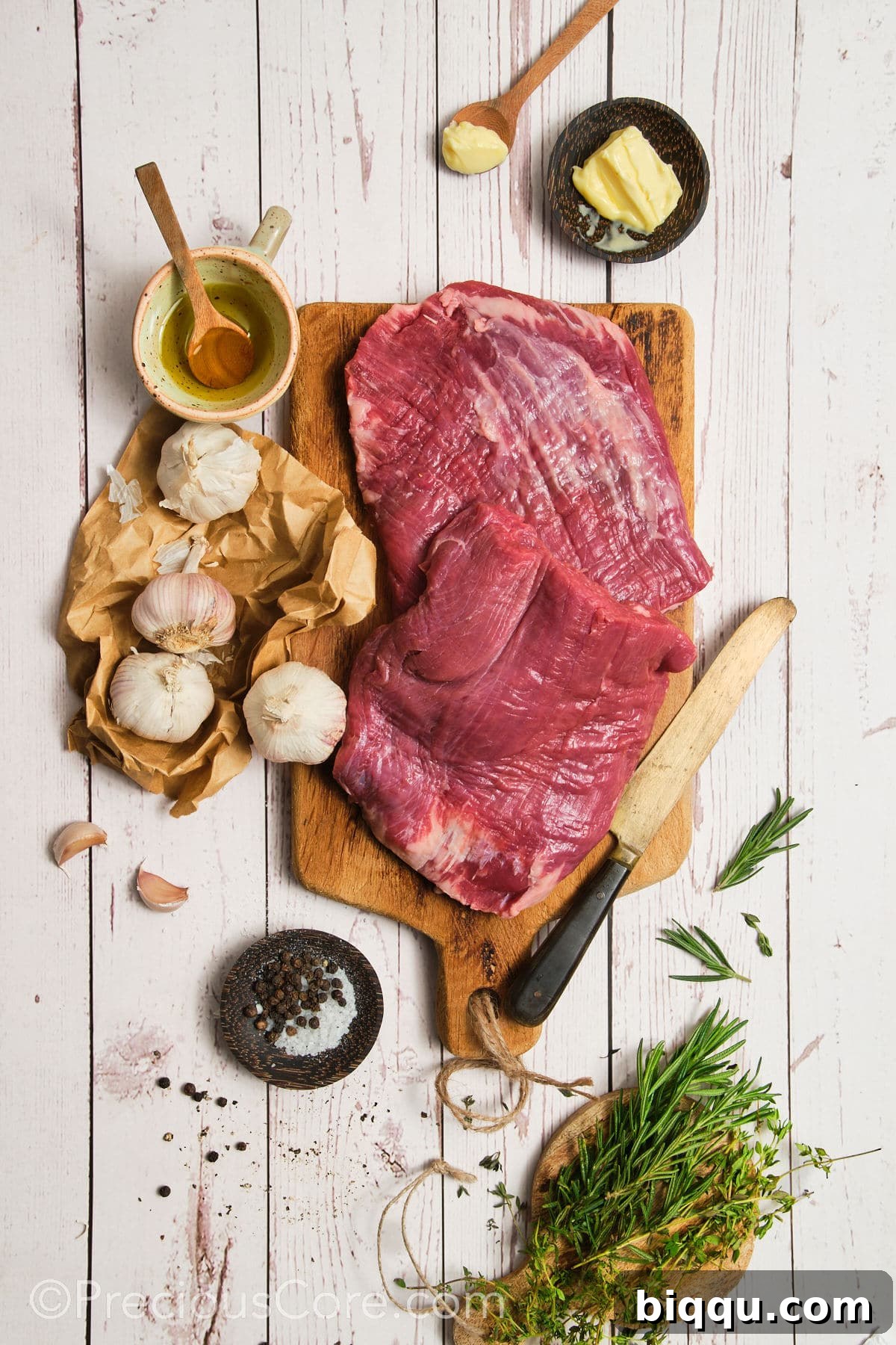 Ingredients for pan seared flank steak laid out.
