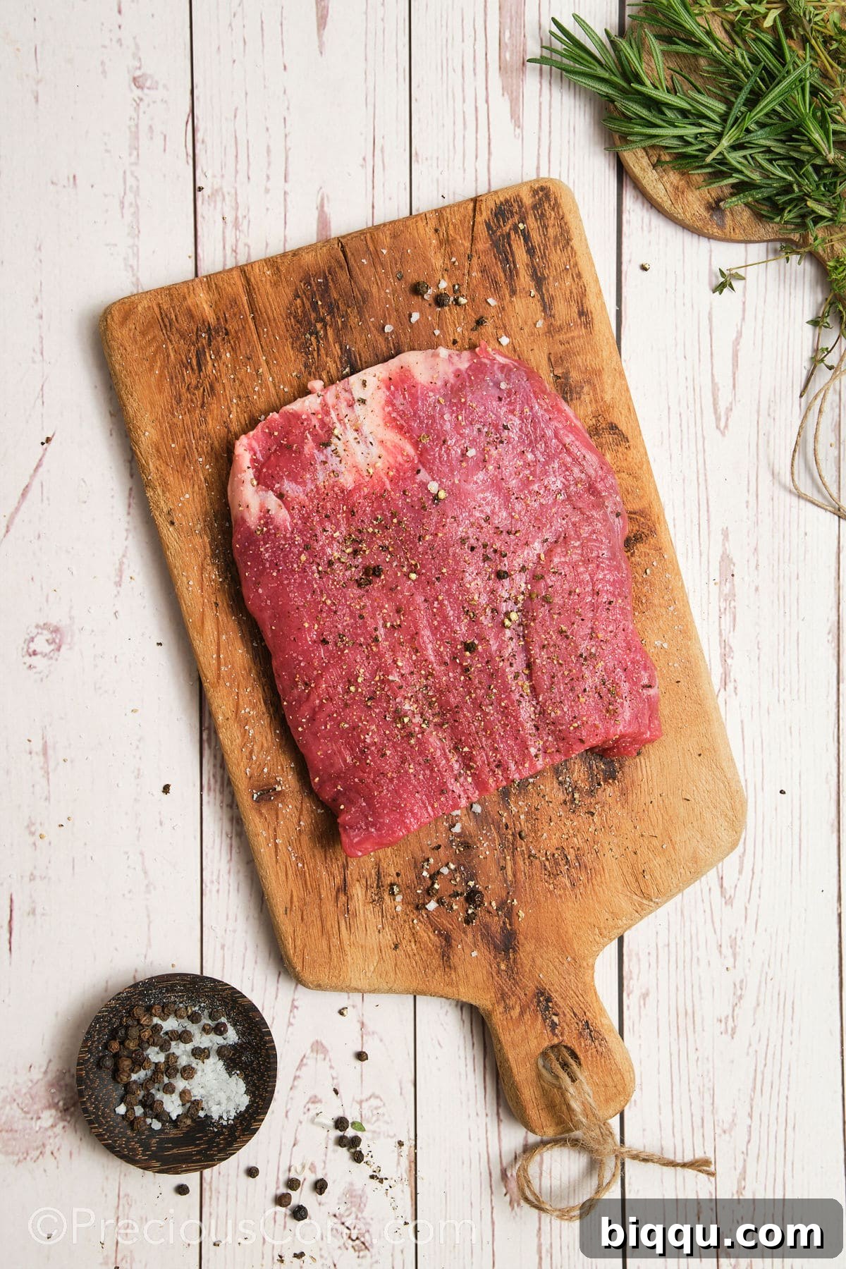 Seasoning flank steak generously with salt and pepper.
