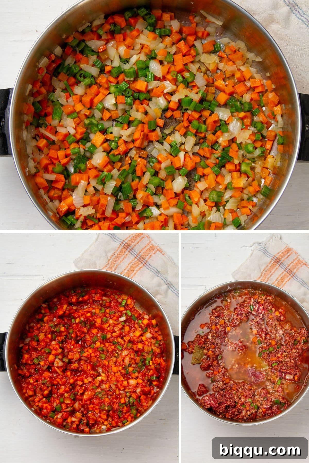 A three-panel collage illustrating the process of making ragu sauce: sautéing vegetables, adding meat, and simmering.