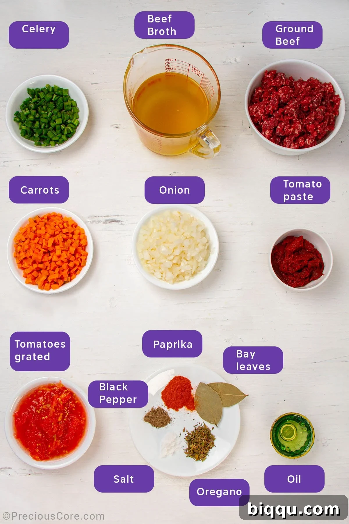 Variety of ingredients for a rich Bolognese sauce including ground meat, diced vegetables, tomatoes, and spices.