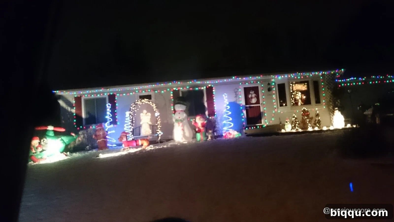 A house adorned with festive Christmas lights, including reindeer figures