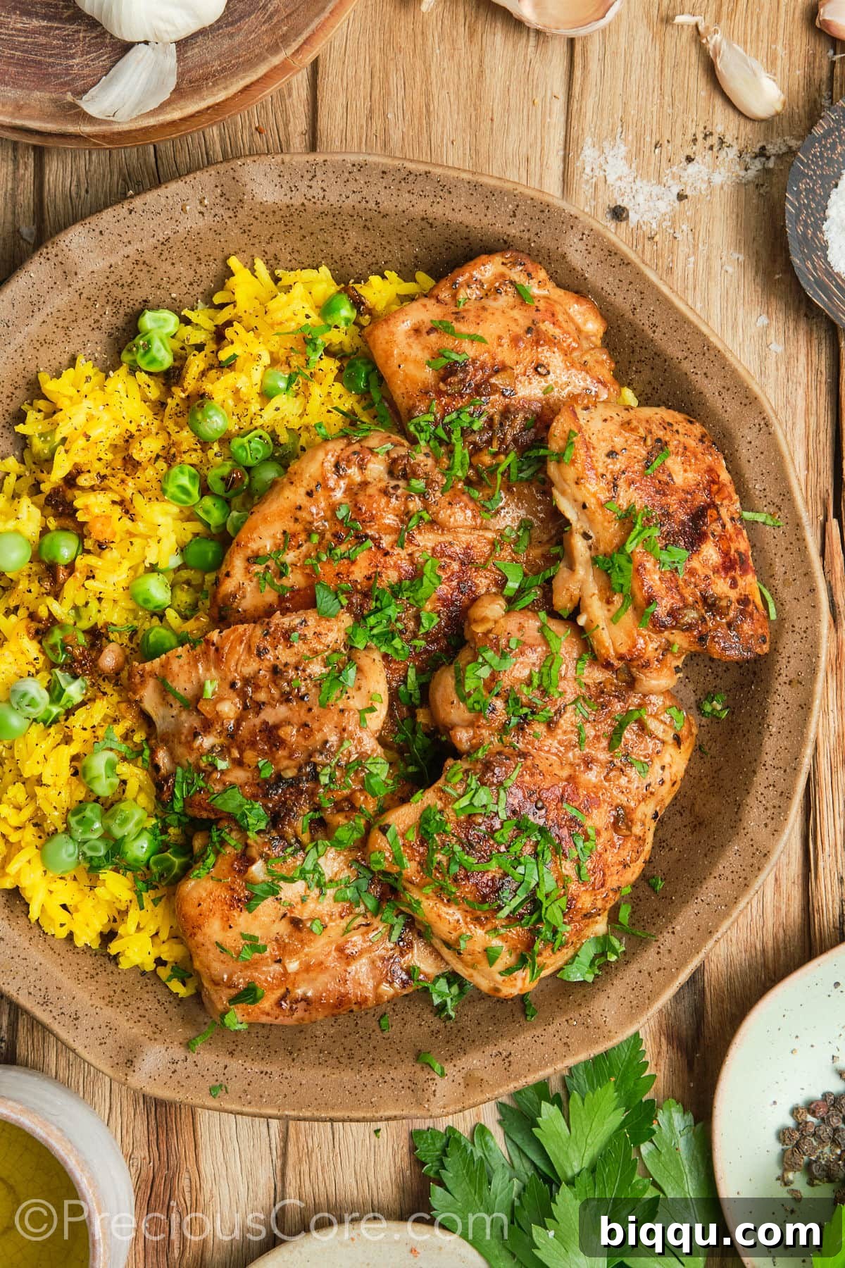 Pan Seared Boneless Chicken Thighs with yellow rice, garnished with fresh herbs.