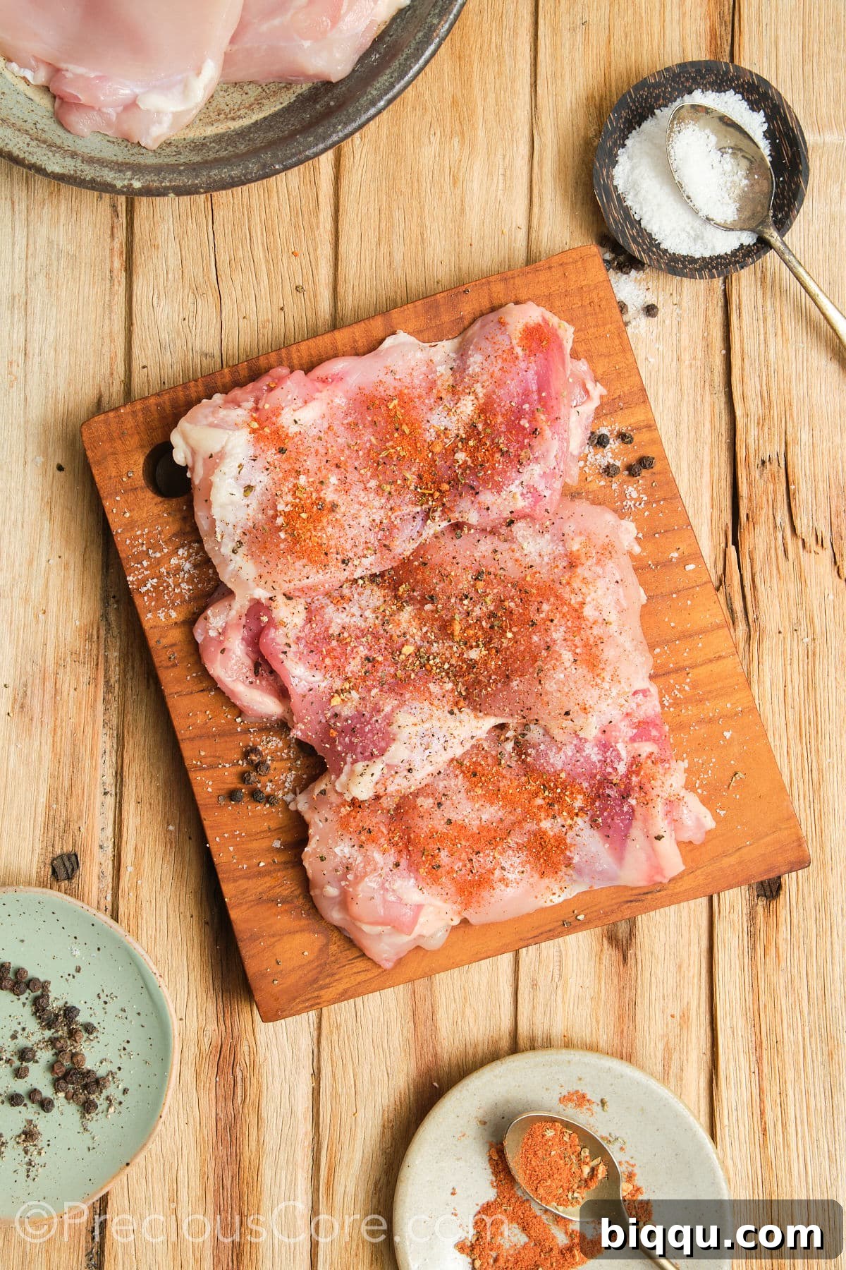 A close-up of chicken thighs being seasoned with dried spices.