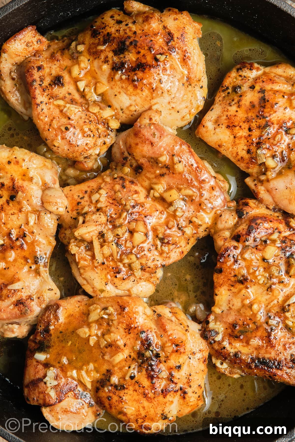 Plated cooked Pan Seared Boneless Chicken Thighs, ready to be served.