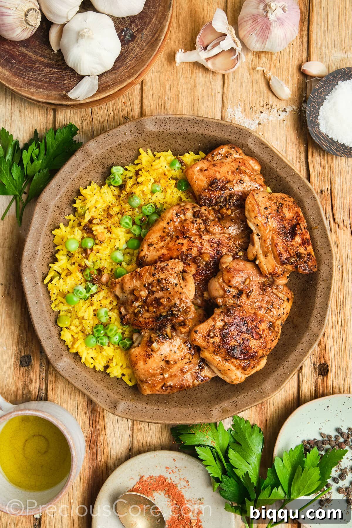 Perfectly glistening golden chicken thighs served in a bowl with a side of rice.