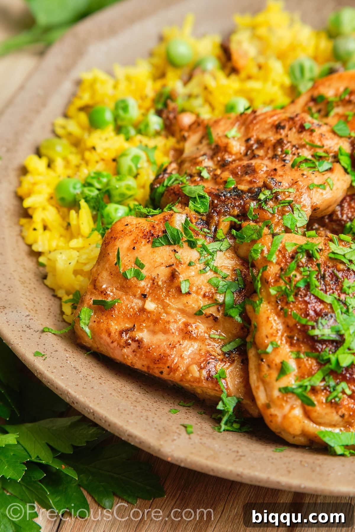 Boneless skinless chicken thighs garnished with vibrant fresh parsley in a serving dish.