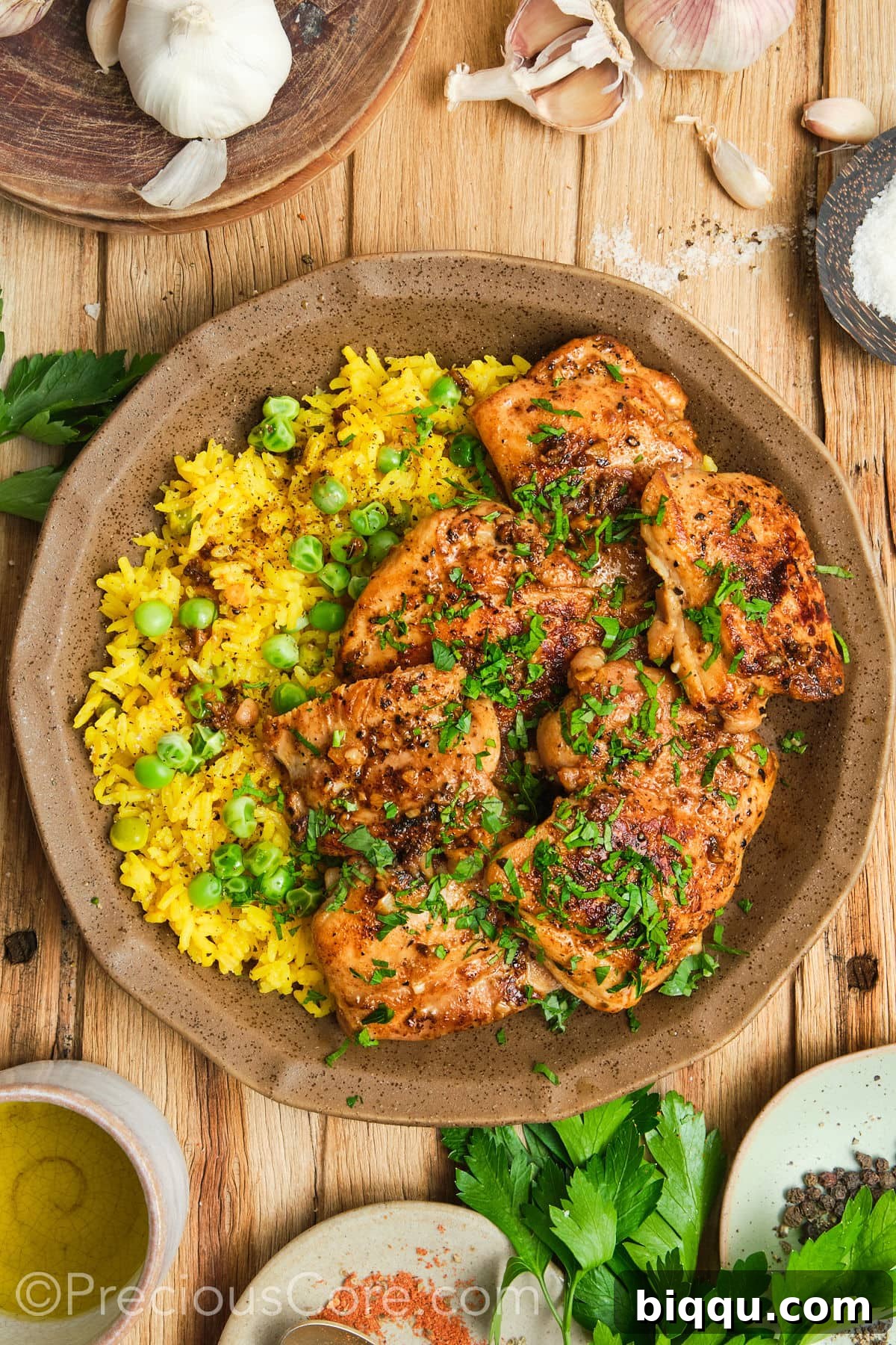 Mid-shot of beautifully cooked chicken thighs arranged in a bowl.