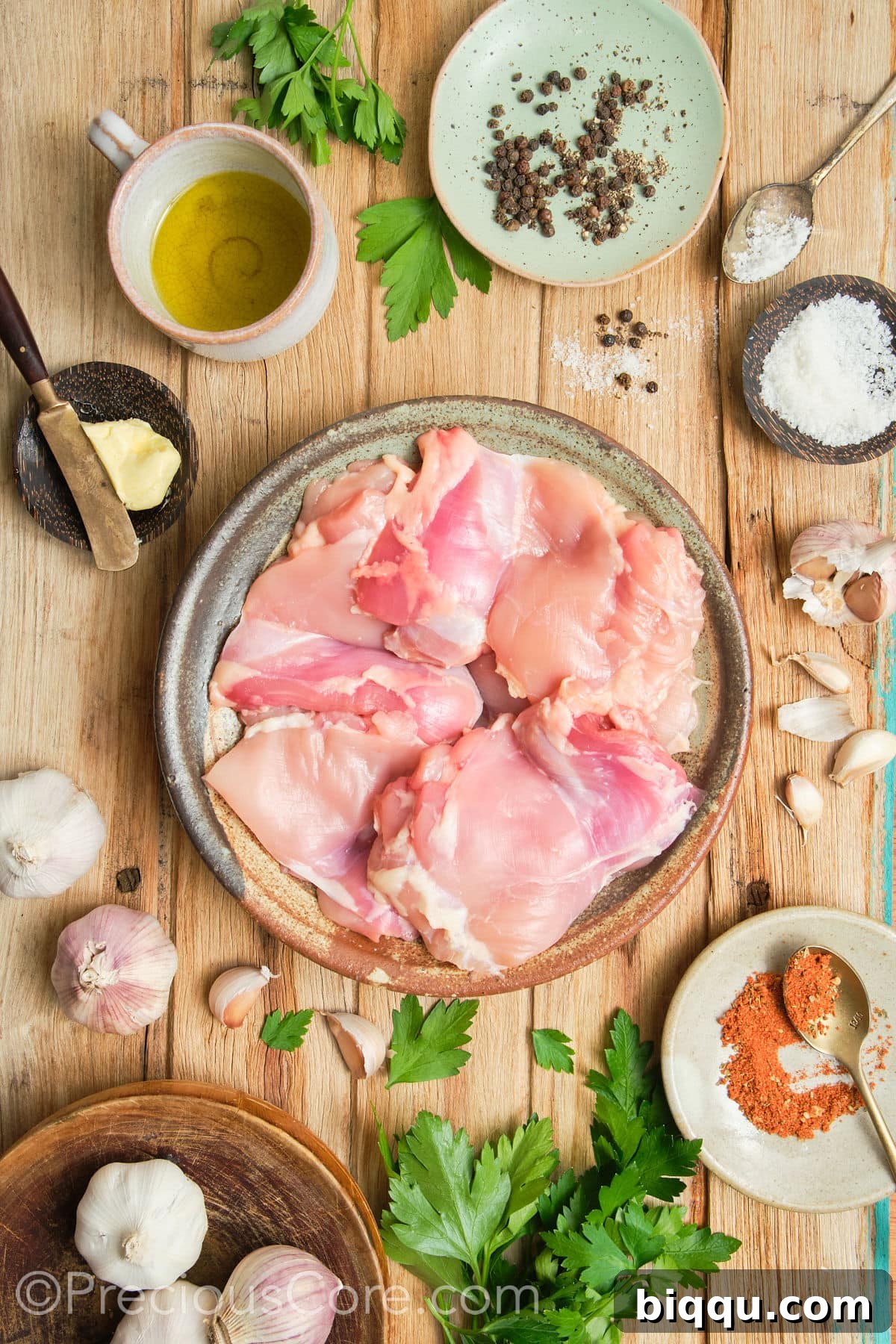 A collection of fresh ingredients laid out, including chicken thighs, olive oil, butter, garlic, and seasonings.