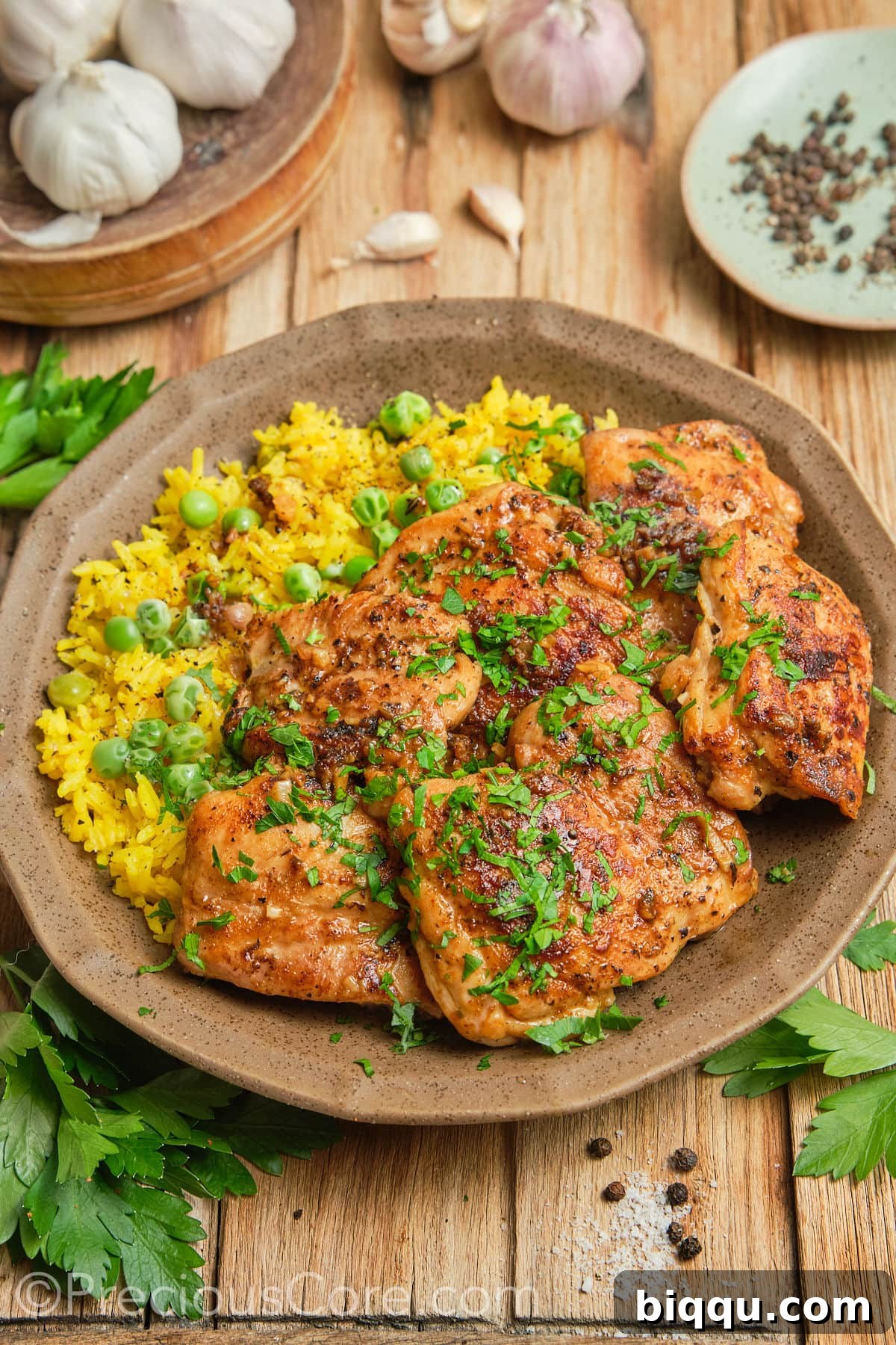 Perfectly seared chicken thighs served alongside fluffy yellow rice.
