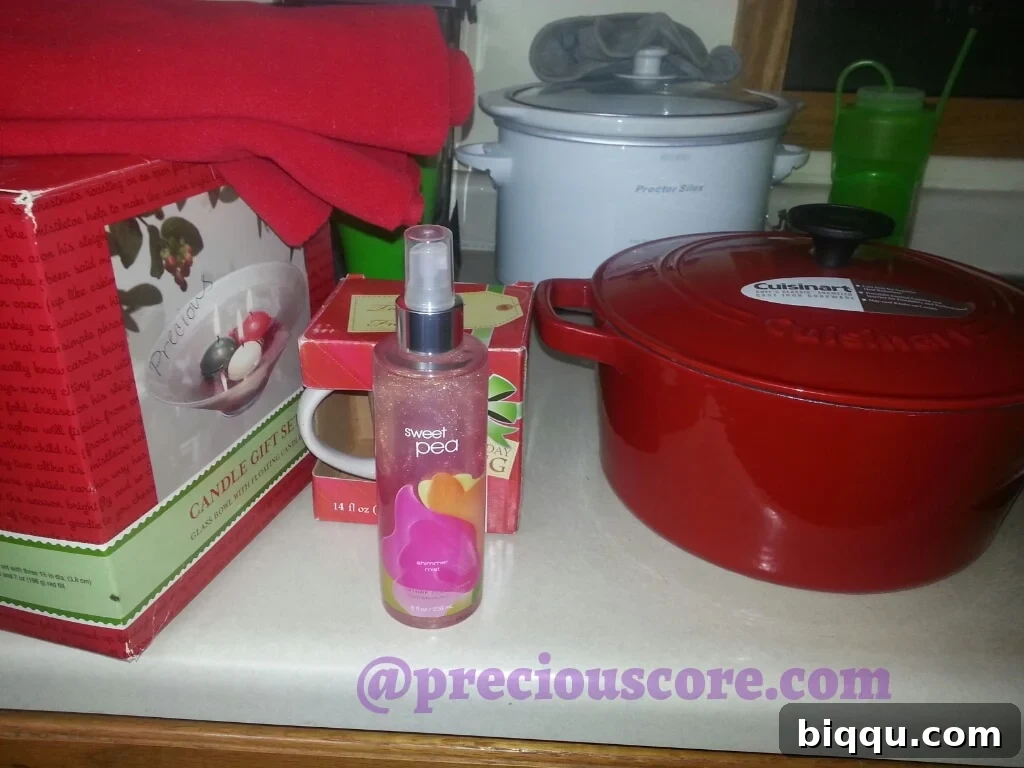 Close-up of gifts intended for the author, including a new cooking pot.