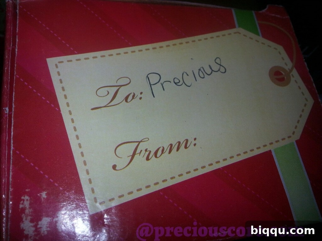 A close-up image of the gift package addressing, showing no sender information.