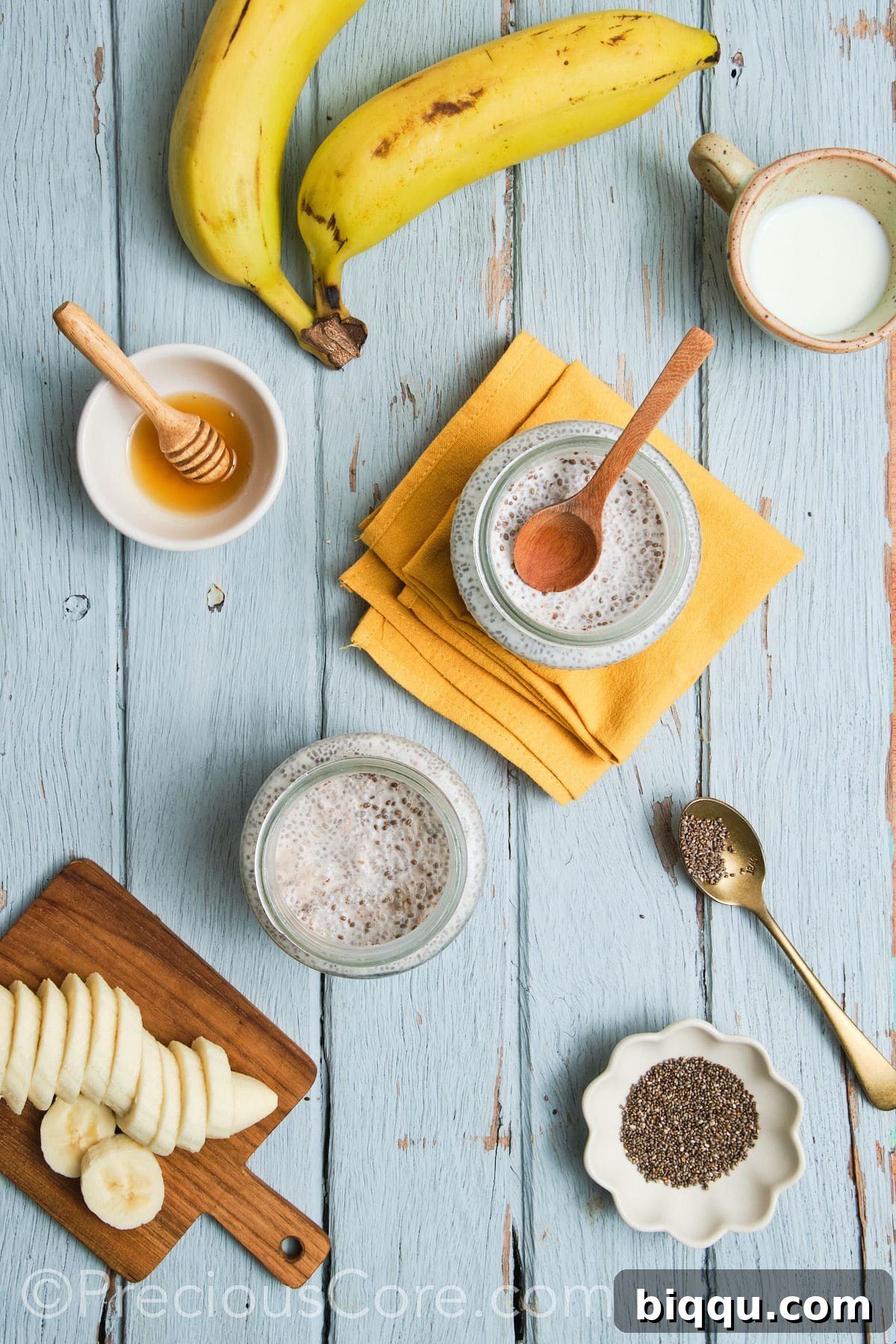 Set banana chia pudding in a glass jar after chilling, showing its firm consistency.