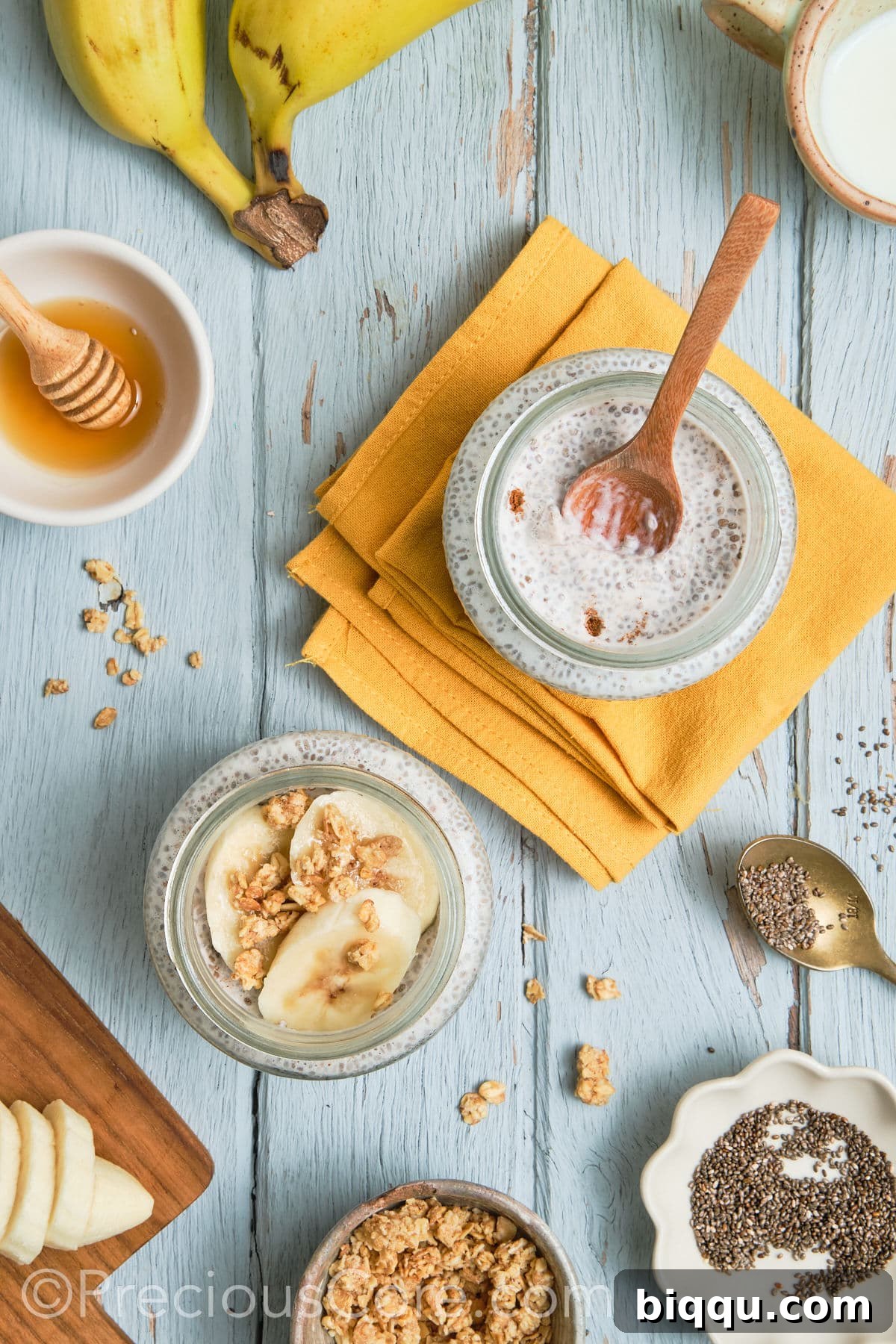 Close-up of perfectly set banana chia pudding, showcasing its thick, creamy texture.