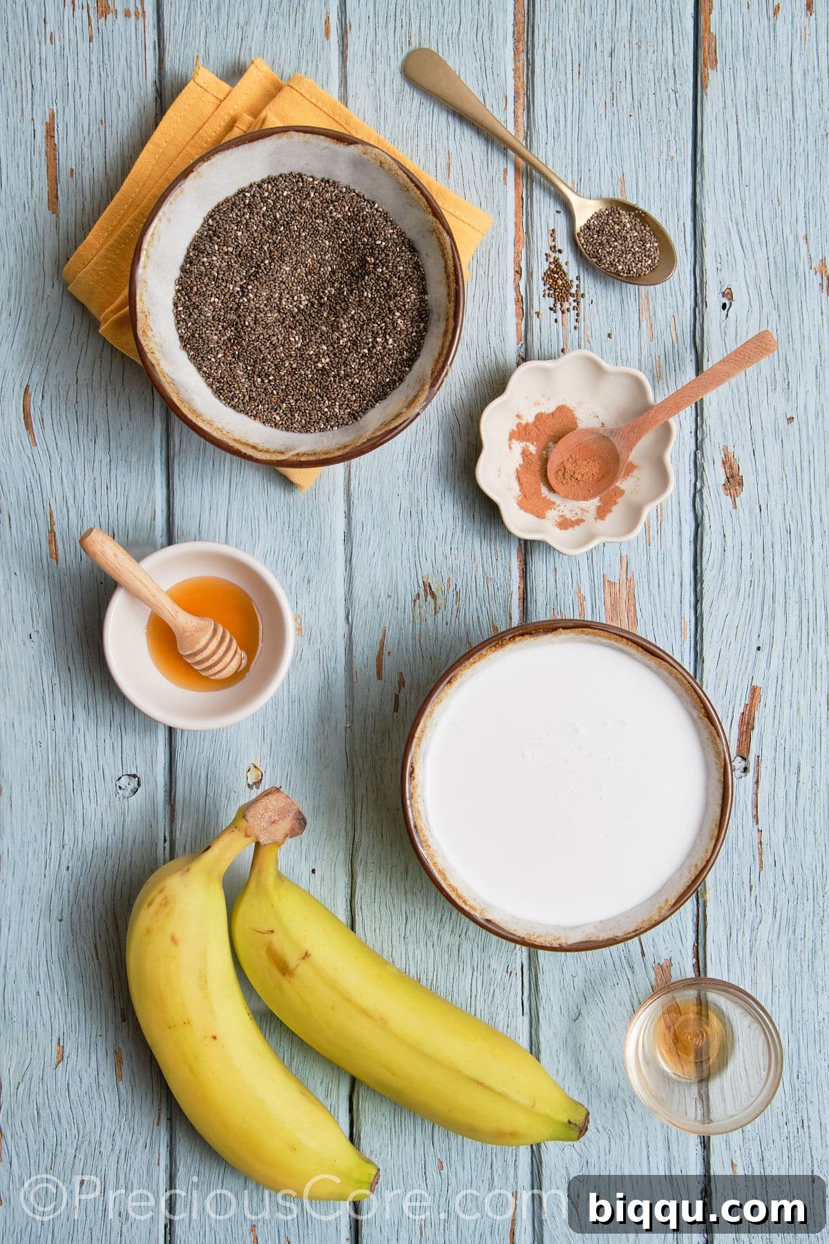 A flat lay of ingredients for Banana Chia Seed Pudding: ripe bananas, chia seeds, coconut milk, maple syrup, cinnamon, and hemp seeds.