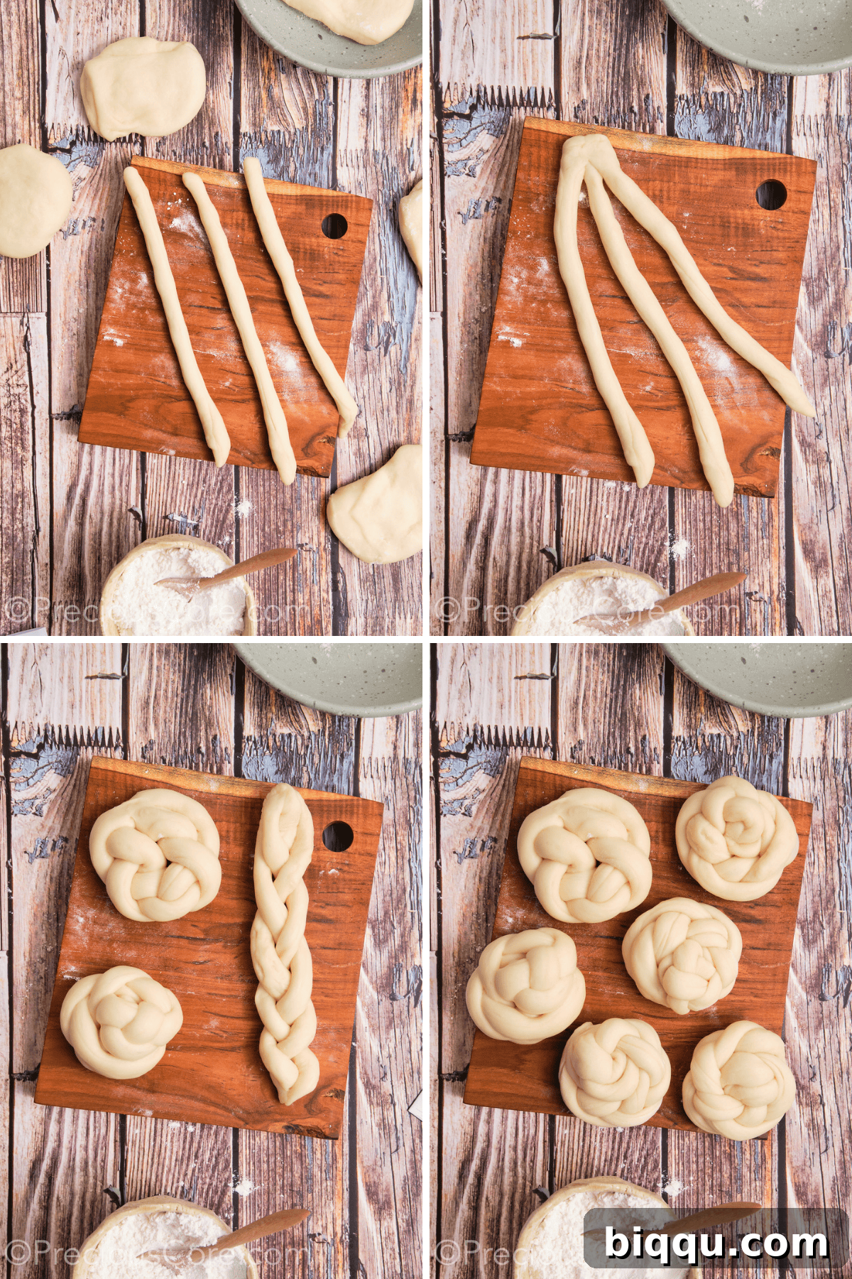 Hands demonstrating how to shape dough into braided knots for challah rolls.