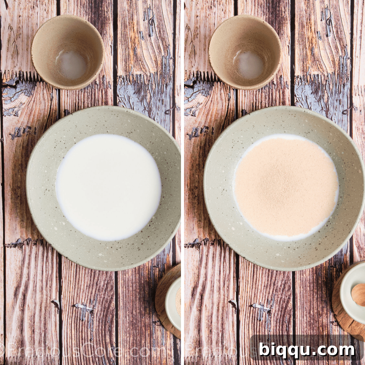 Close-up photo of yeast proofing in warm milk, showing a foamy surface.