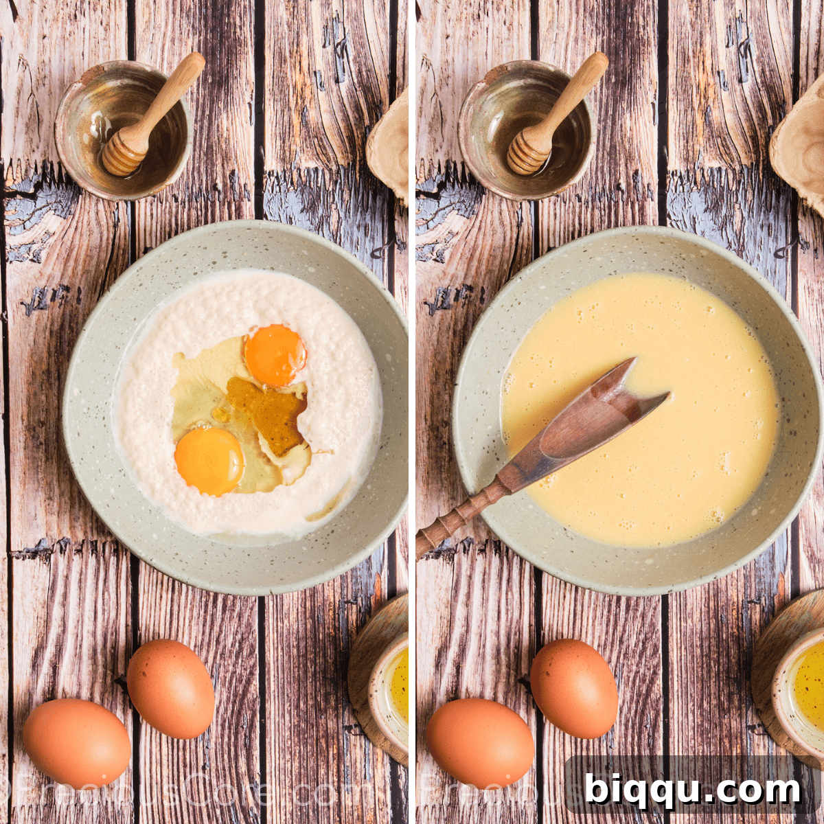 Mixing eggs, vegetable oil, and honey into the foamy yeast mixture.