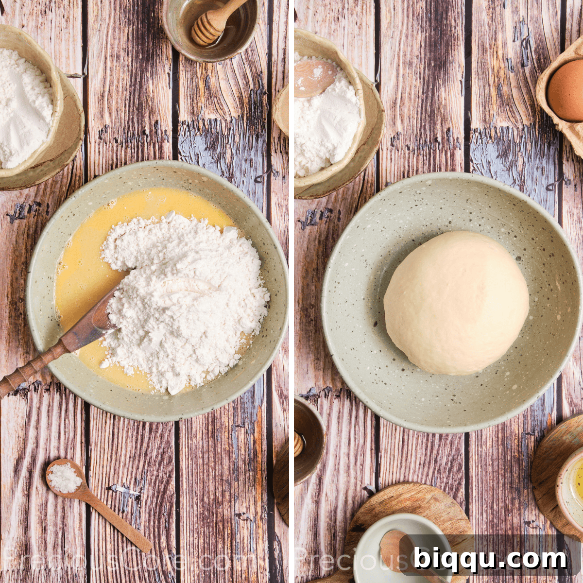 Combining flour and salt with the wet ingredients to form a smooth dough.