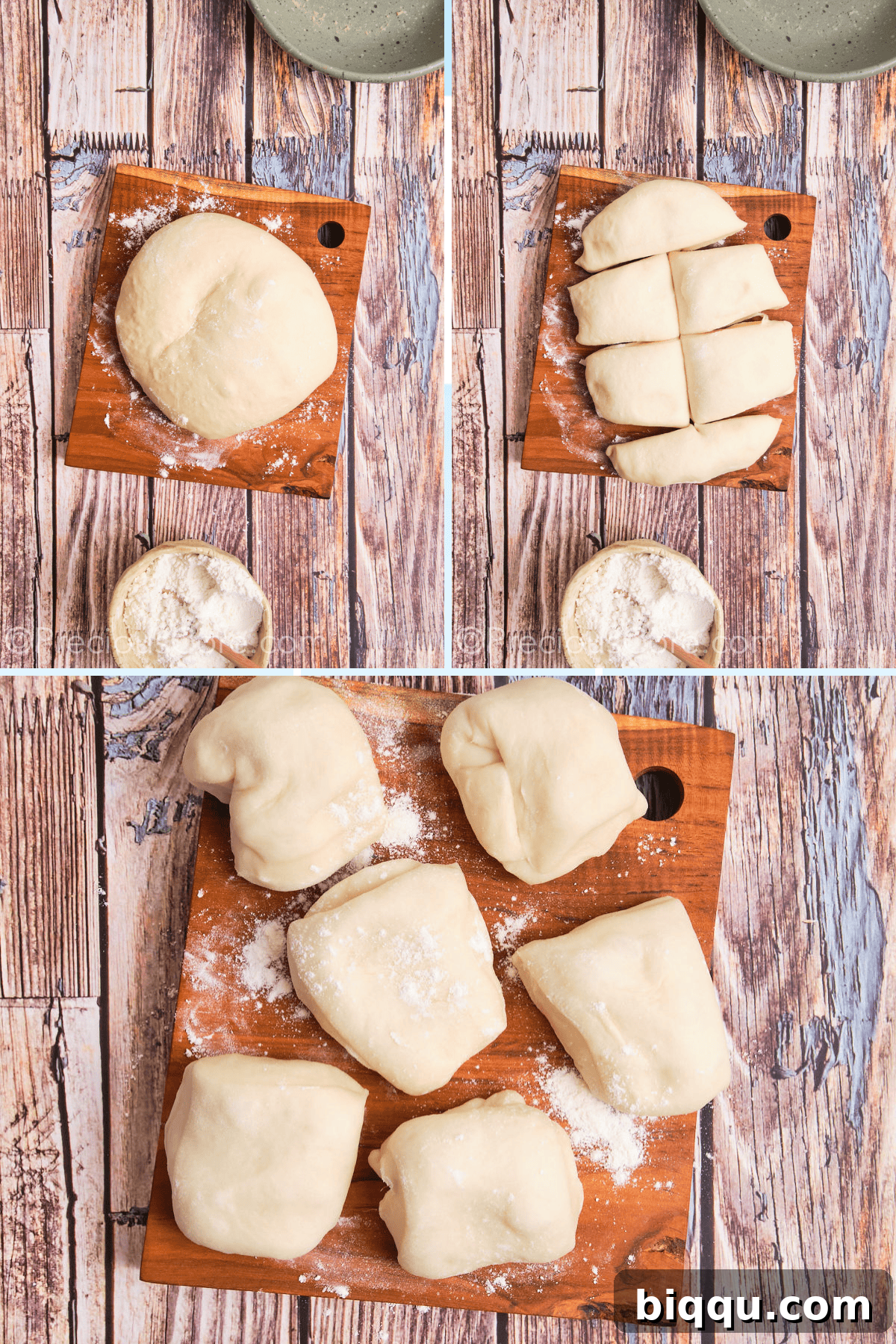 Challah dough being cut into equal portions after the first rise.