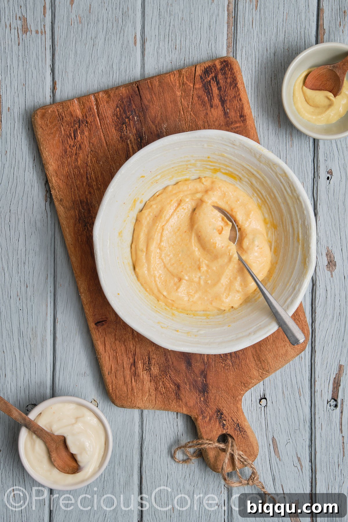 The fully mixed, smooth, and creamy deviled egg yolk filling, perfect for piping.