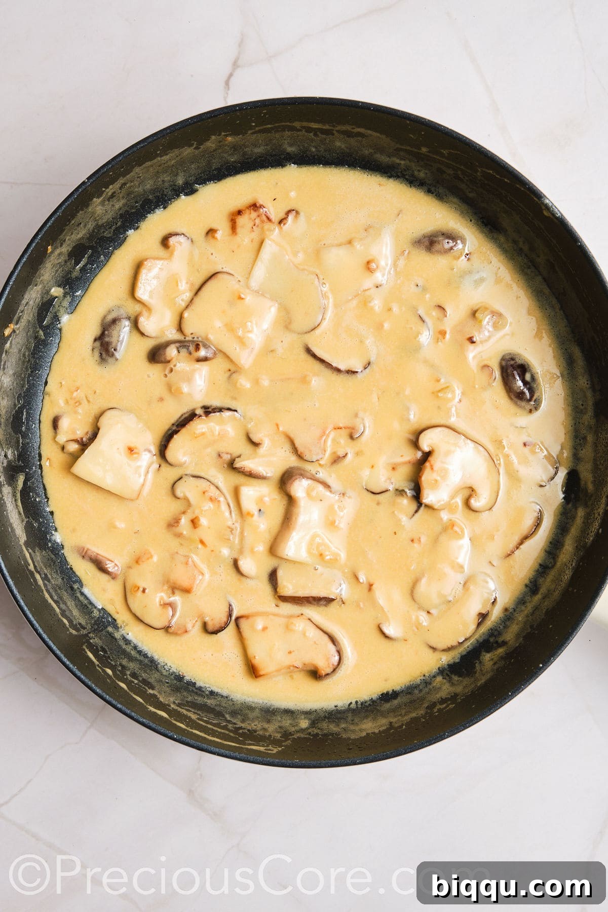 Creamy sauce cooked with mushrooms.
