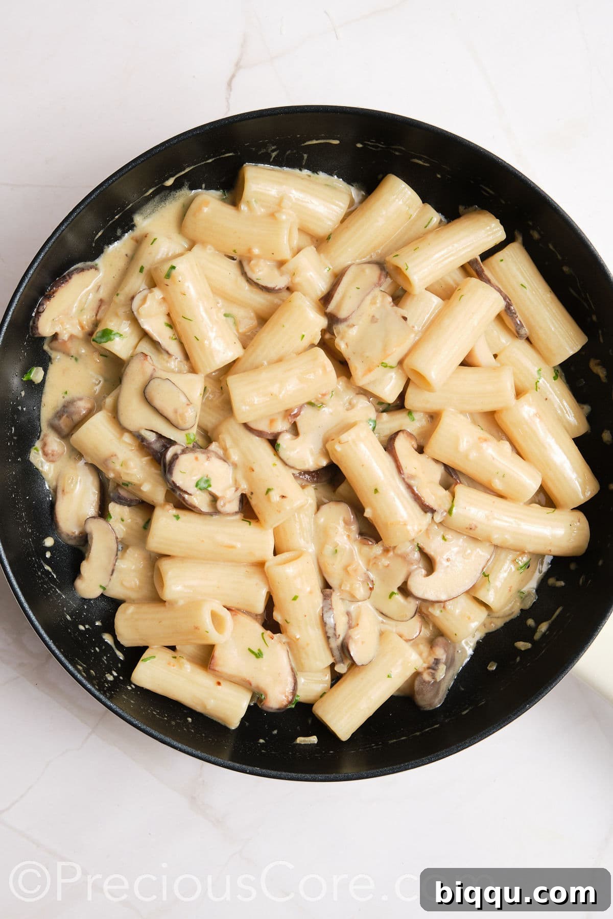 Pasta stirred into creamy sauce.