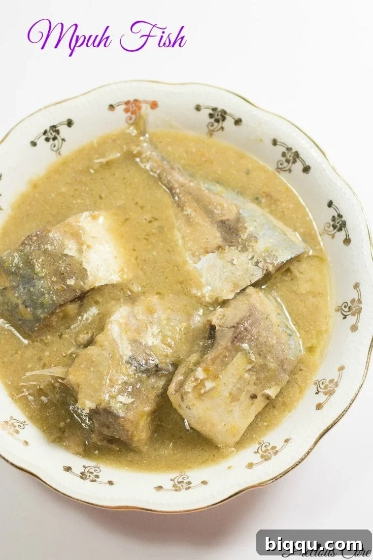 Mpuh fish in a bowl, a creamy white sauce dish from Cameroon.