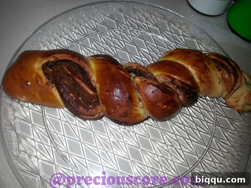 Close-up of a beautifully braided Nutella bread