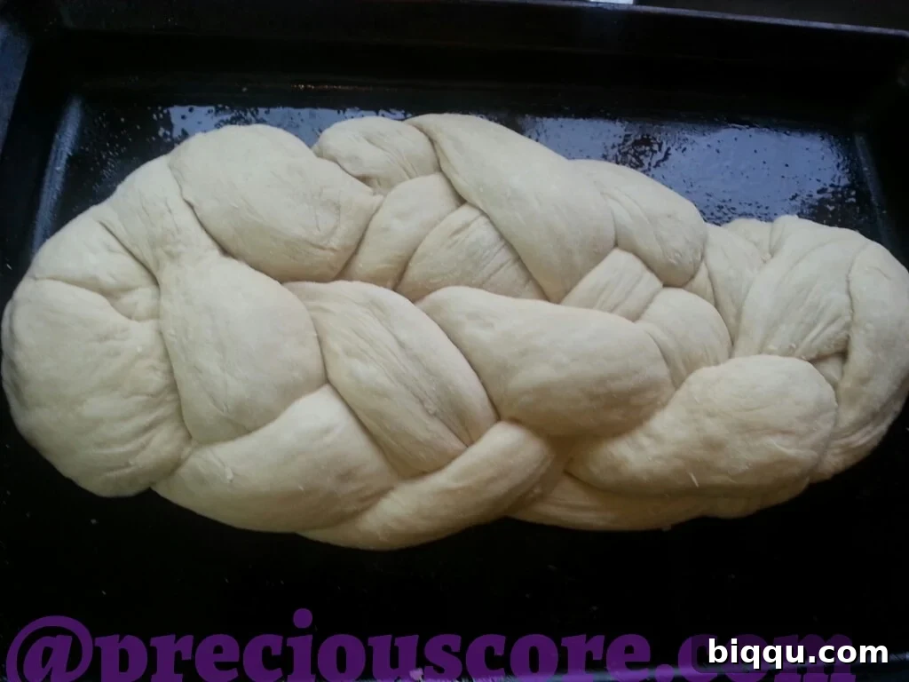 Freshly braided Challah bread dough before baking