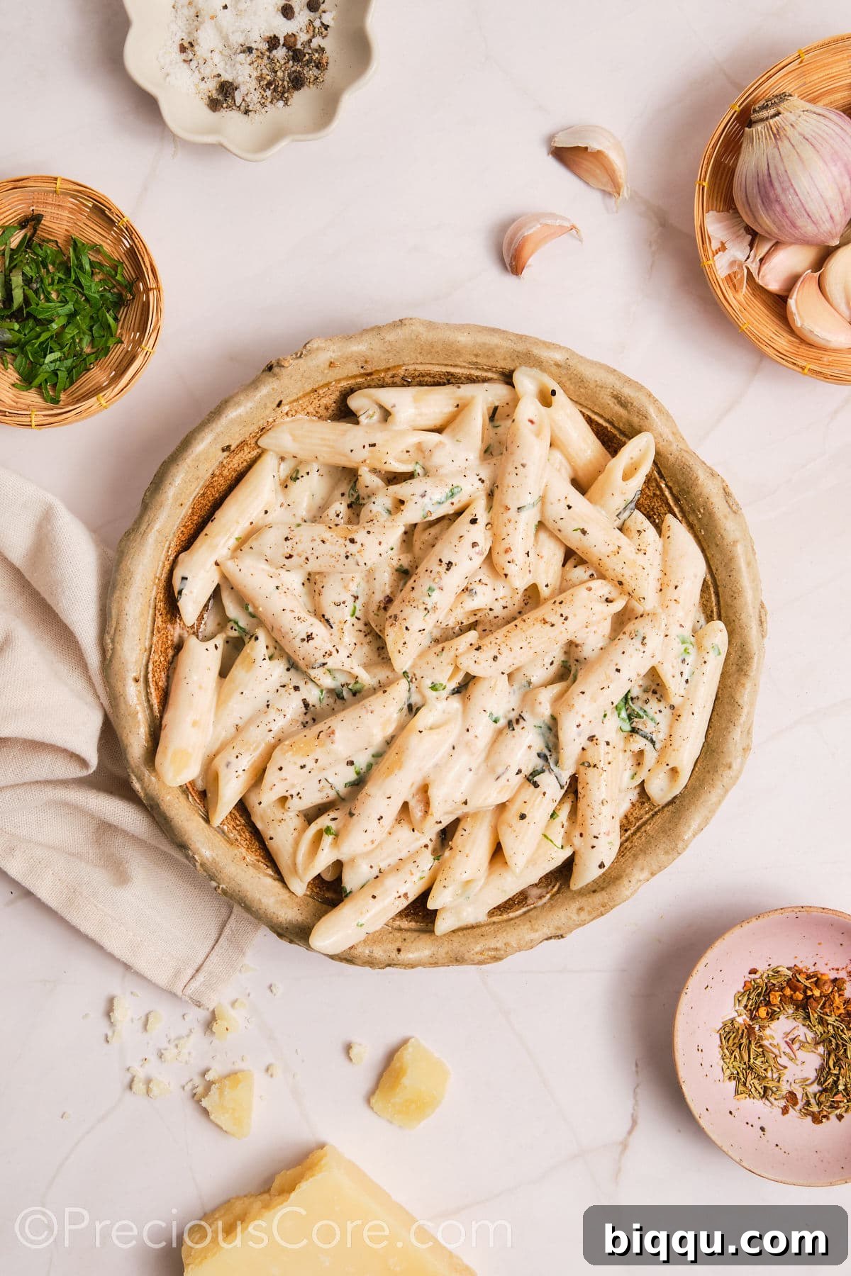 A beautifully plated bowl of creamy pasta, perfectly sauced and ready to be enjoyed.