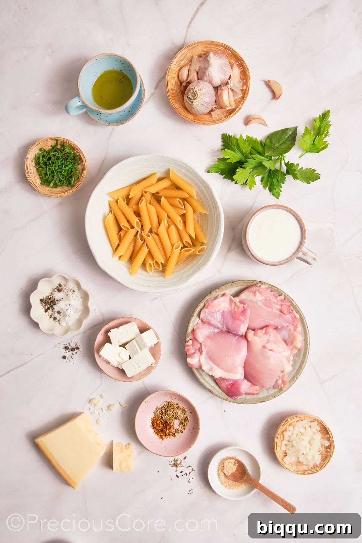 Various ingredients for one pot creamy chicken pasta laid out on a wooden surface.
