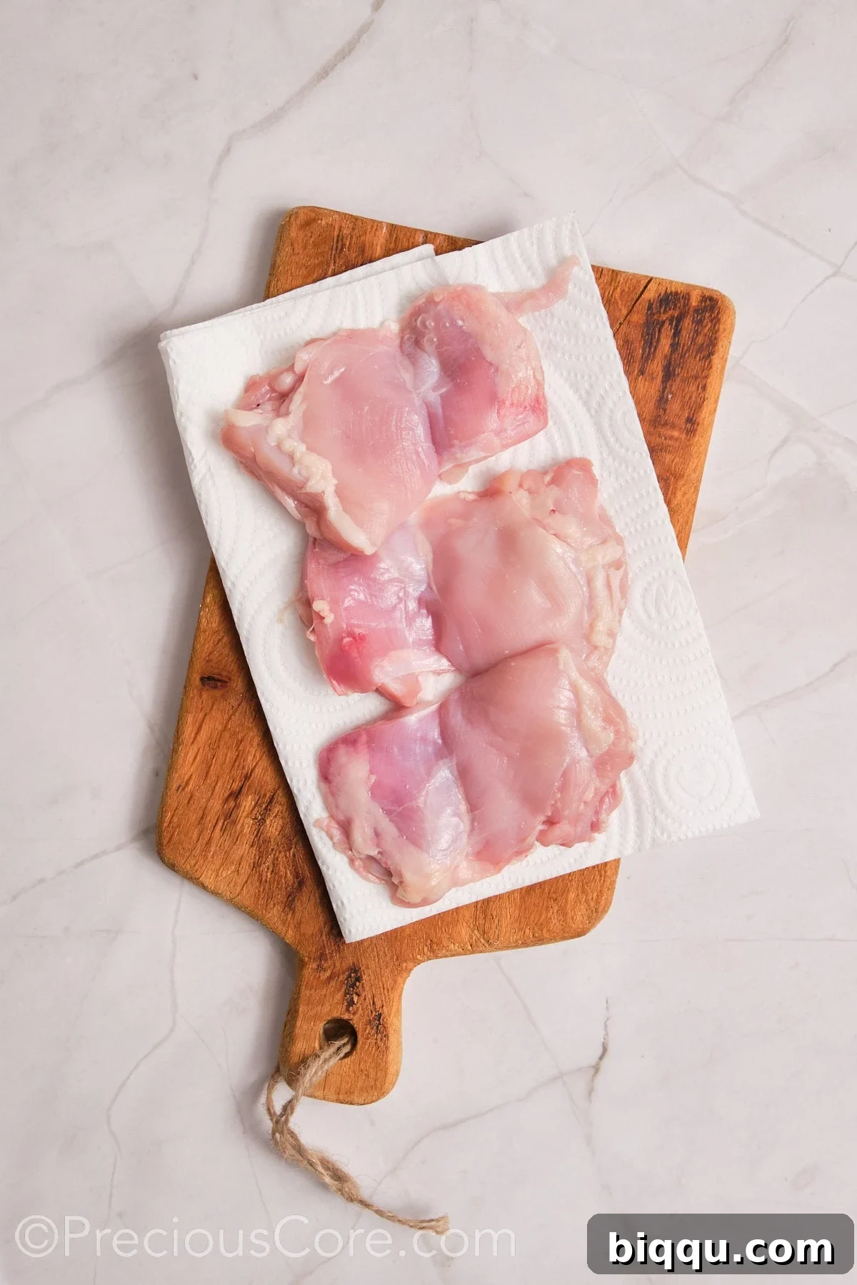 Chicken thighs placed on paper towels to absorb excess moisture before seasoning.