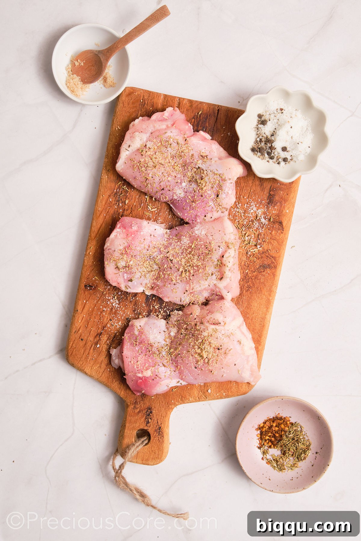 Seasoning chicken on a chopping board with a mix of herbs and spices.