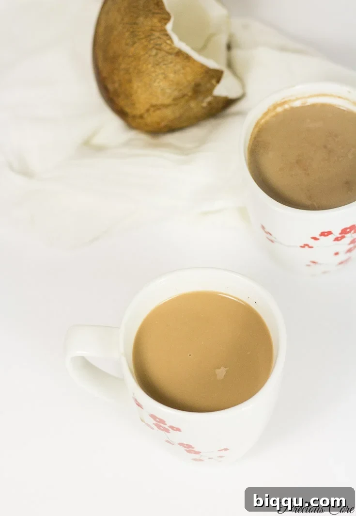 Creamy and healthy coconut hot chocolate in a mug, ready in 7 minutes