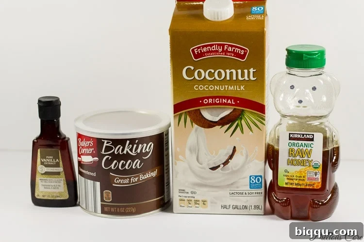The simple, healthy ingredients for making coconut hot chocolate: coconut milk, cocoa powder, honey, and vanilla extract.
